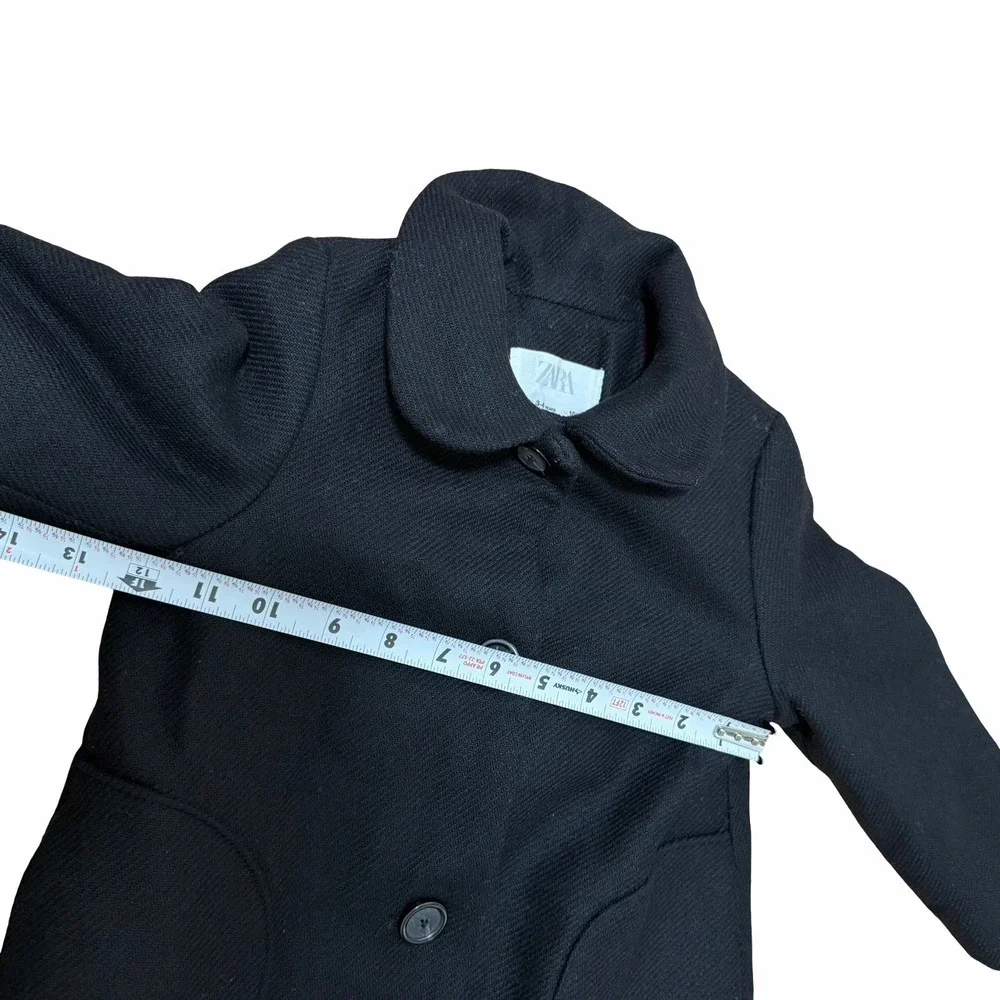 ZARA Wool Blend Button Front Pea Coat Girls Size 3/4Y Black Heavyweight Winter